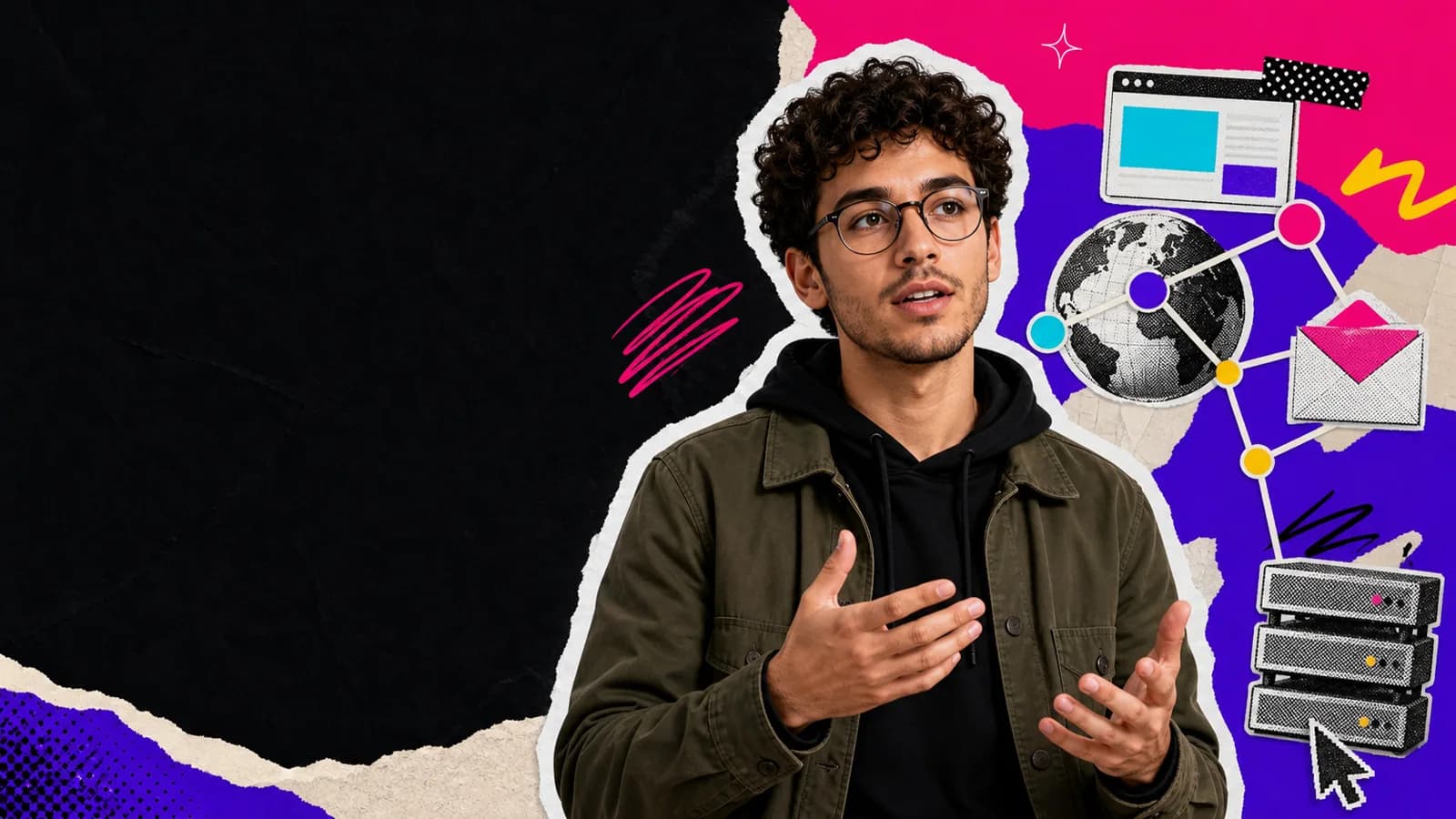 Emprendedor en un collage editorial que explica el sistema DNS