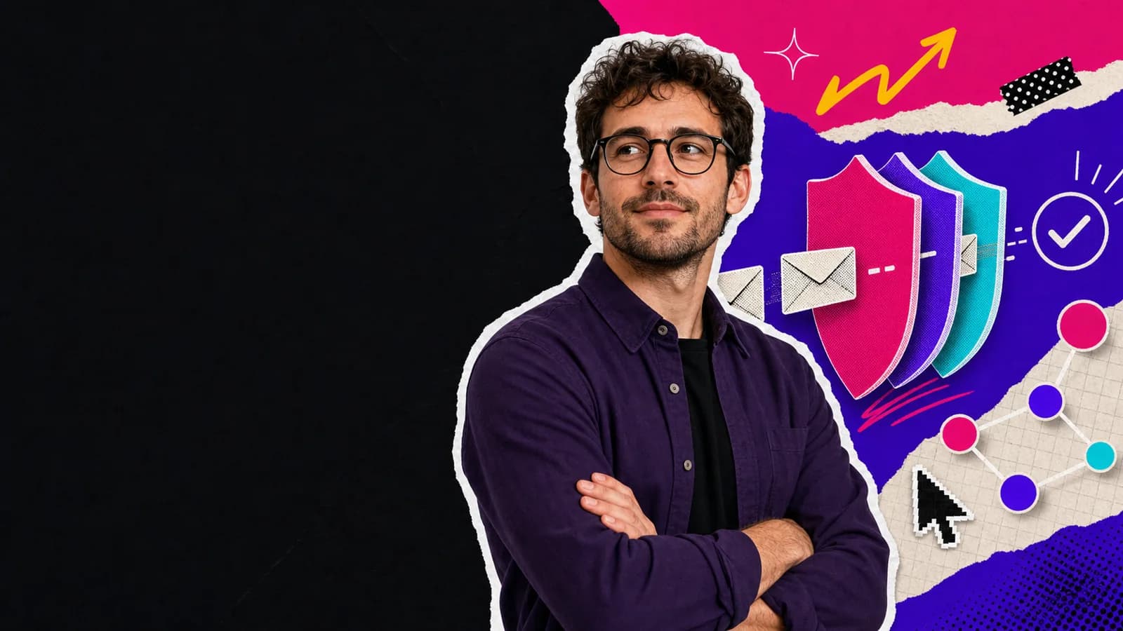 Emprendedor en un collage editorial sobre autenticación y seguridad del correo