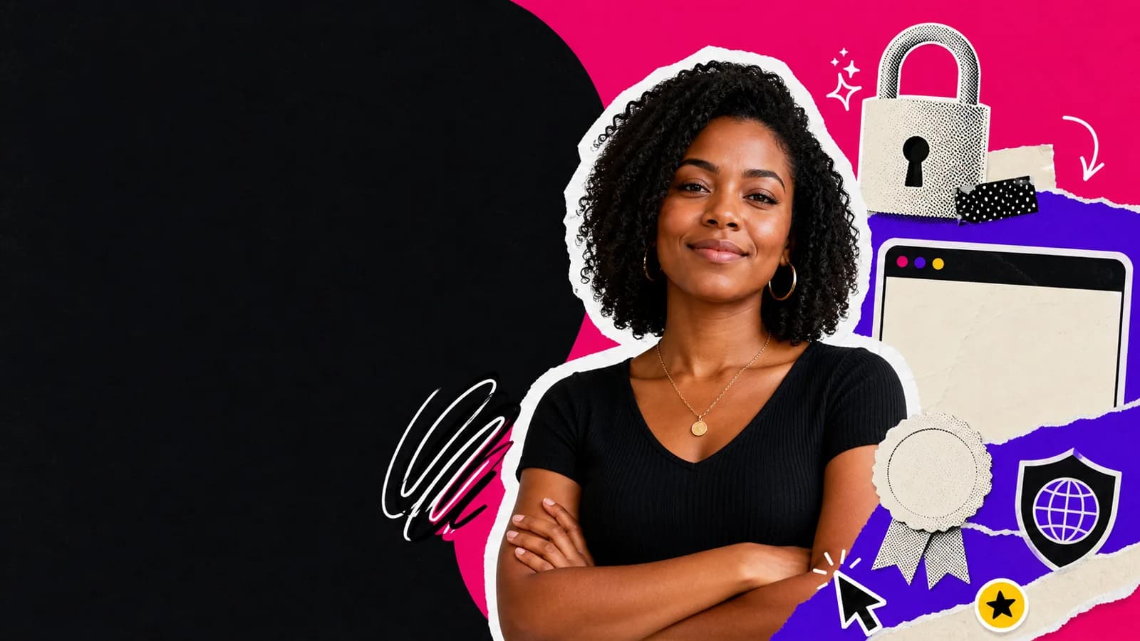 Emprendedora en un collage editorial sobre certificados SSL
